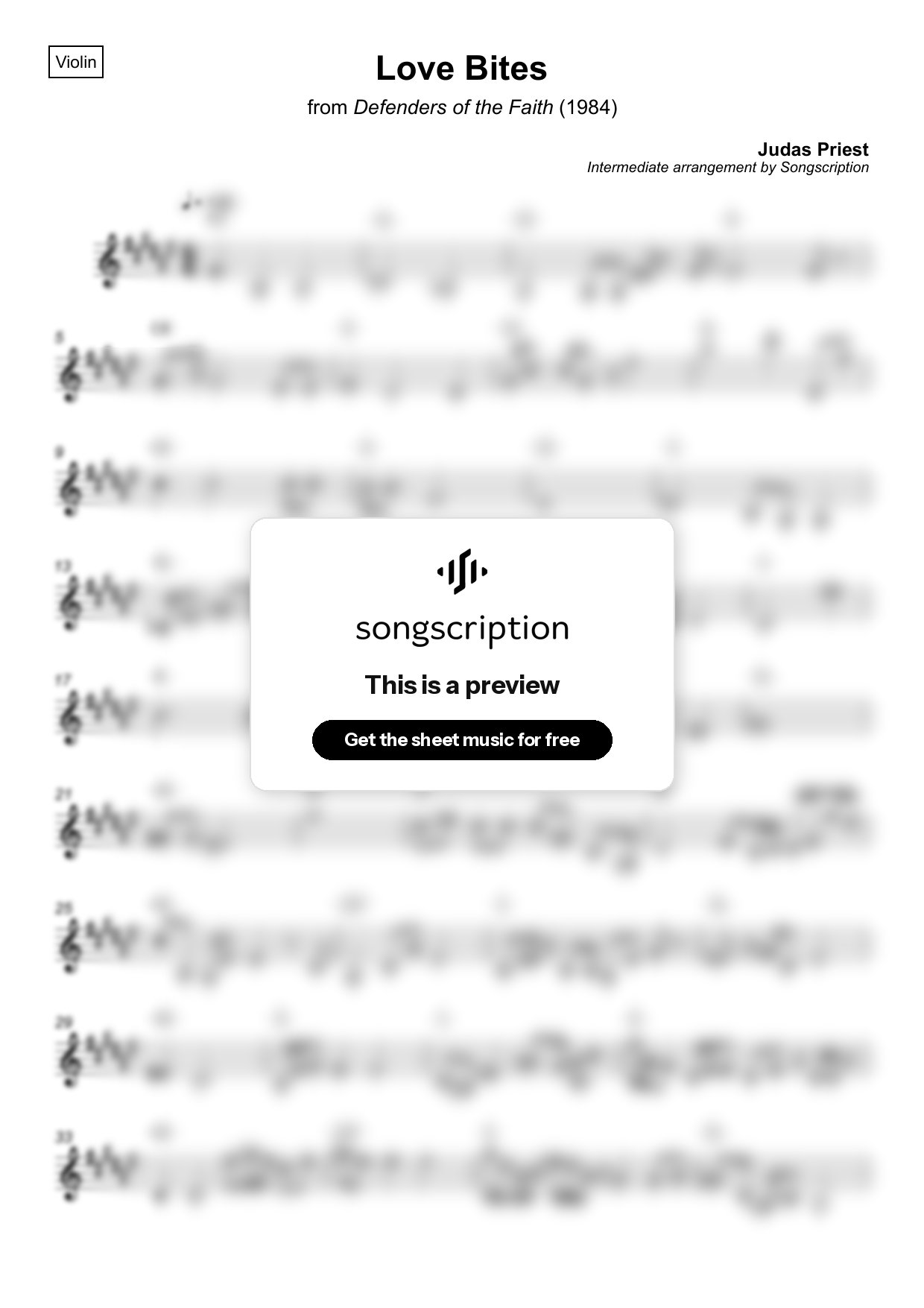 Intermediate Violin Sheet Music for "Love Bites" by Judas Priest