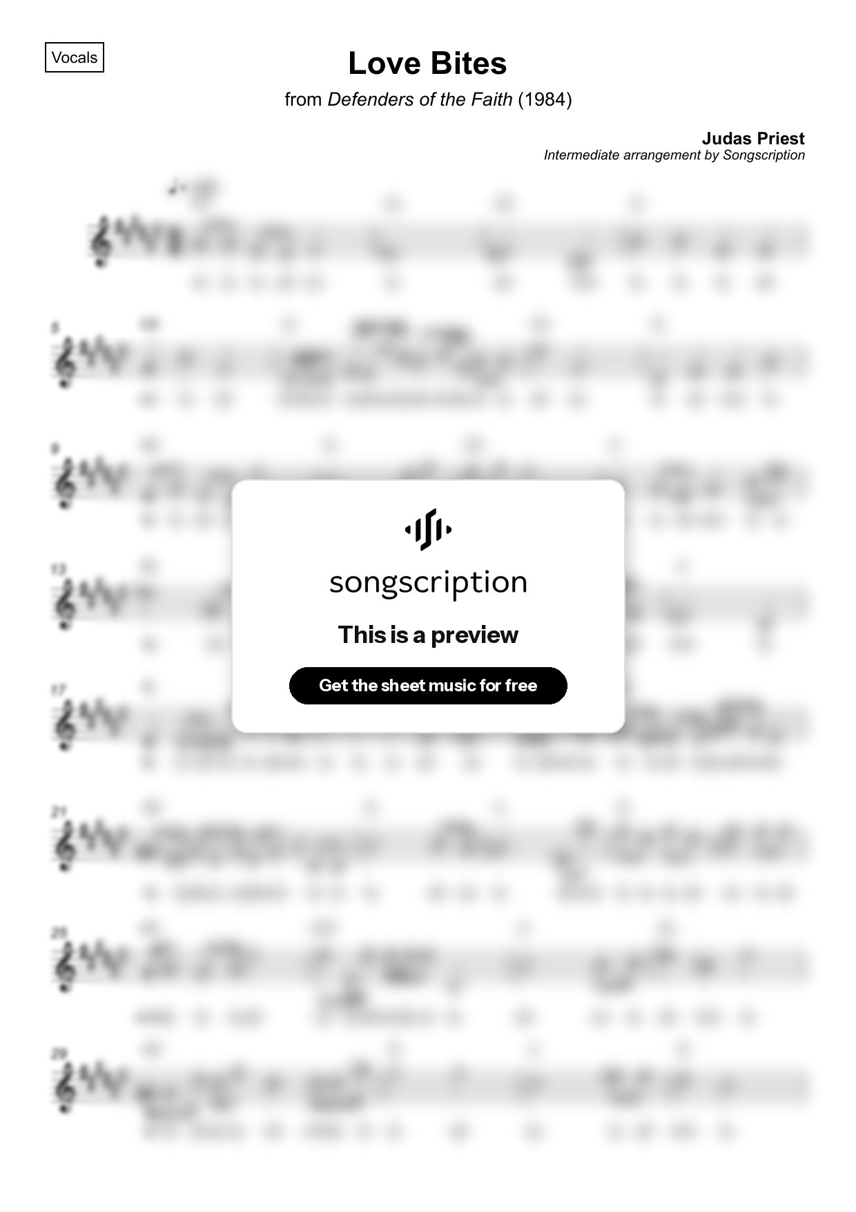 Intermediate Vocals Sheet Music for "Love Bites" by Judas Priest