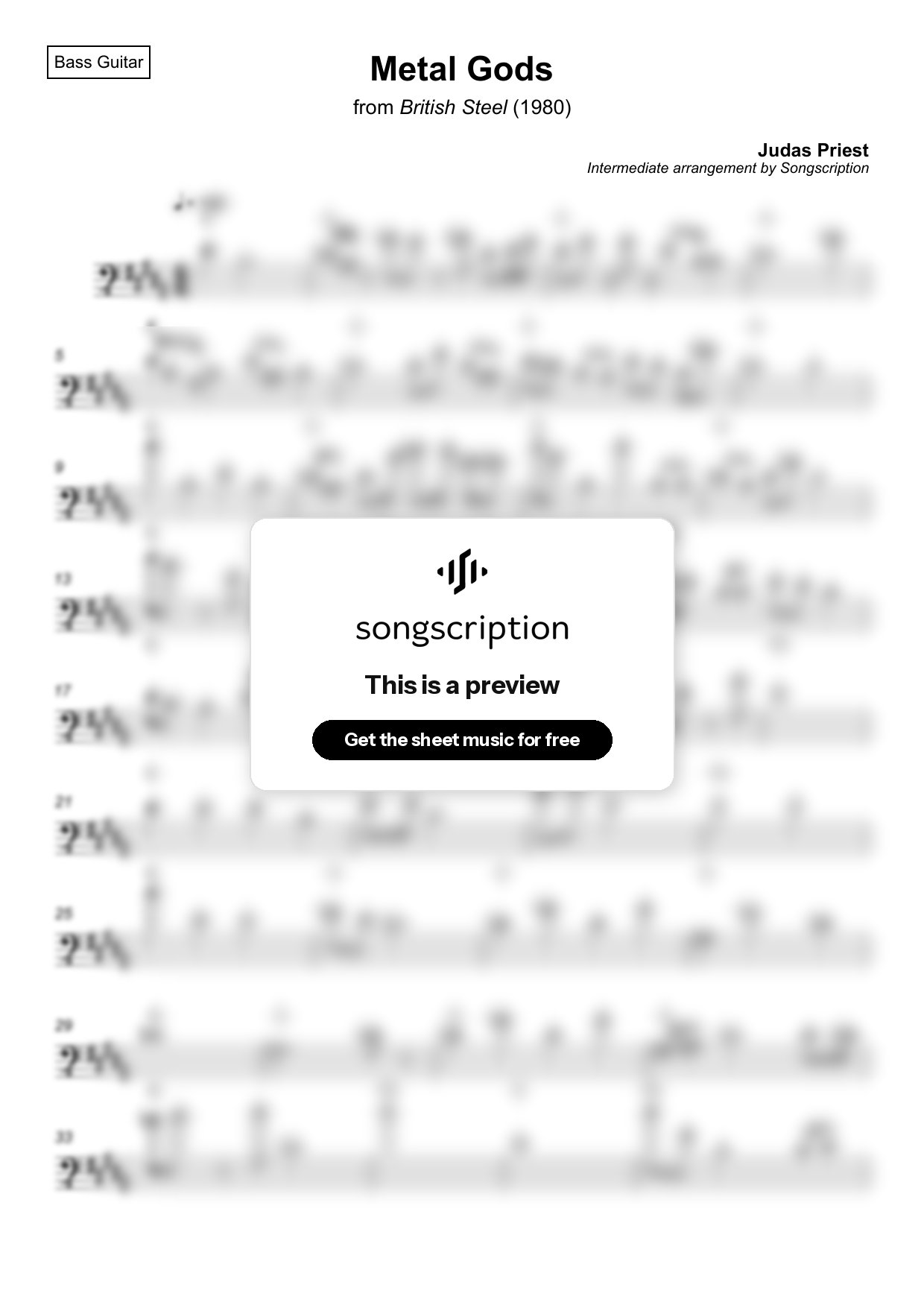 Intermediate Bass Guitar Sheet Music for "Metal Gods" by Judas Priest