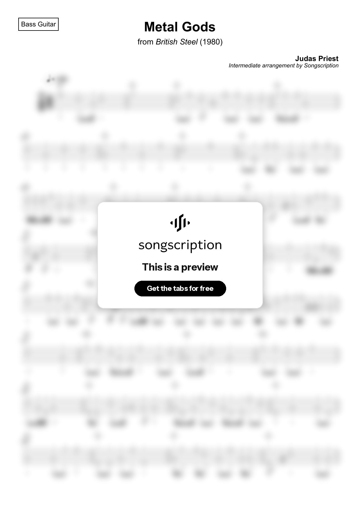 Intermediate Bass Guitar Tabs for "Metal Gods" by Judas Priest