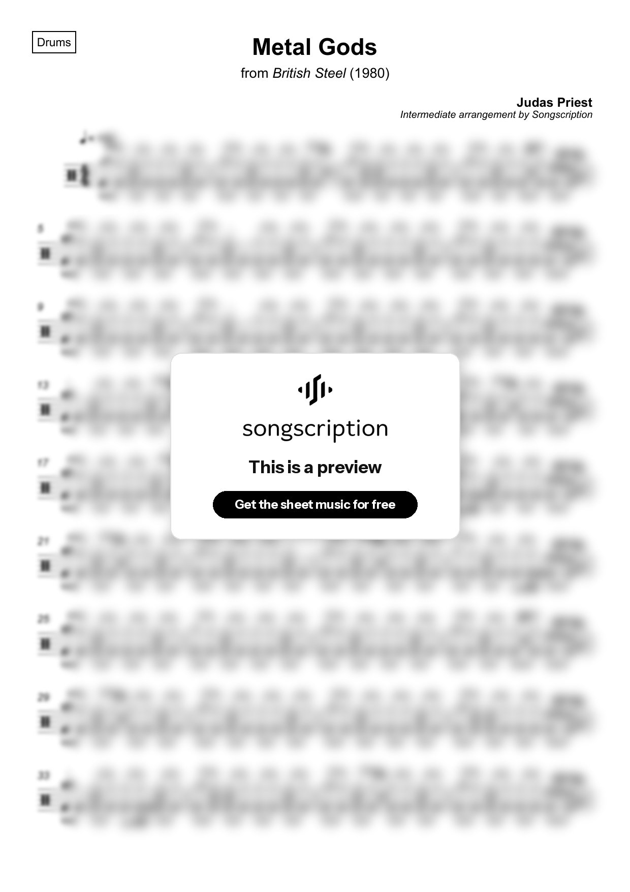 Intermediate Drums Sheet Music for "Metal Gods" by Judas Priest