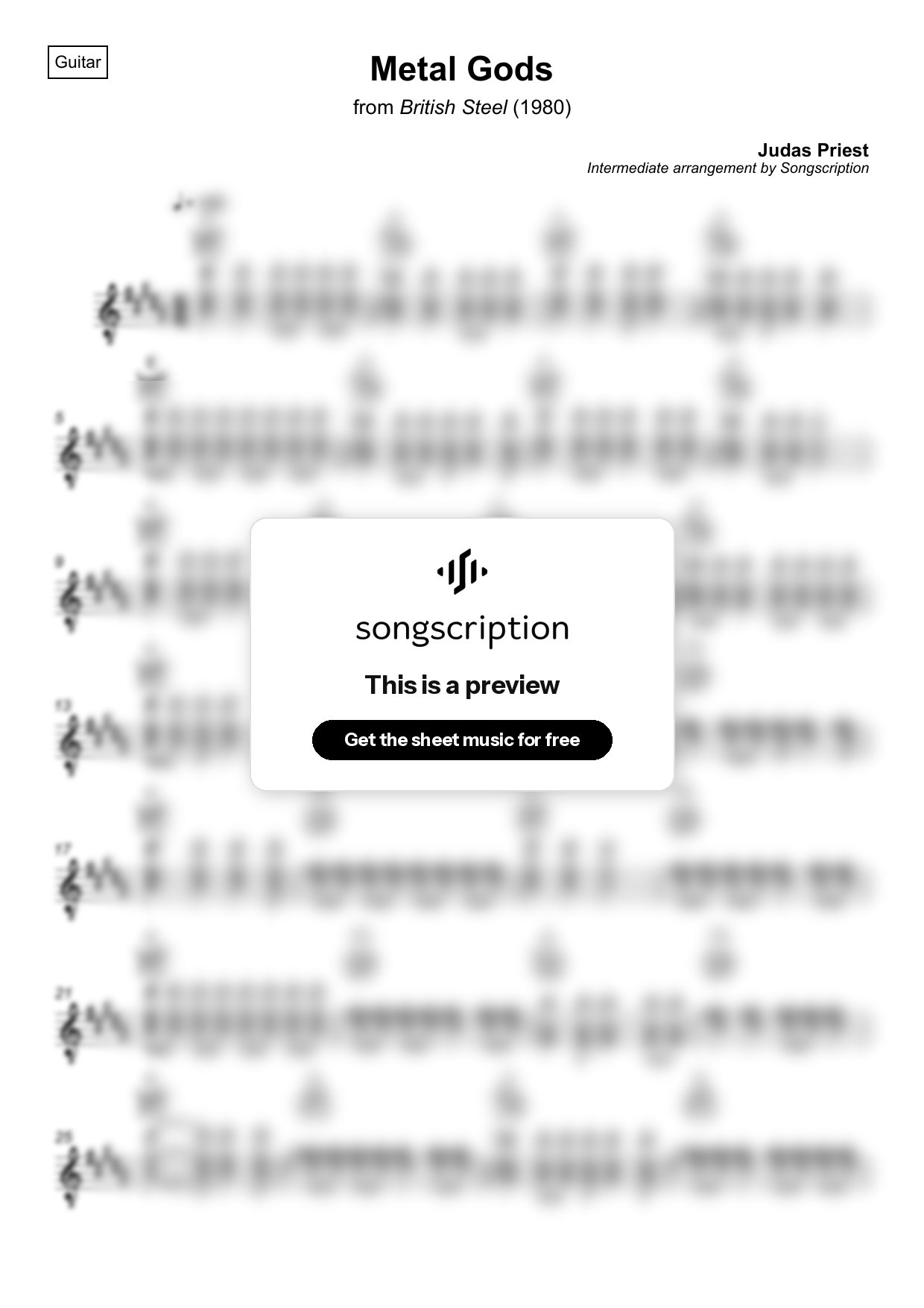 Intermediate Acoustic Guitar Sheet Music for "Metal Gods" by Judas Priest
