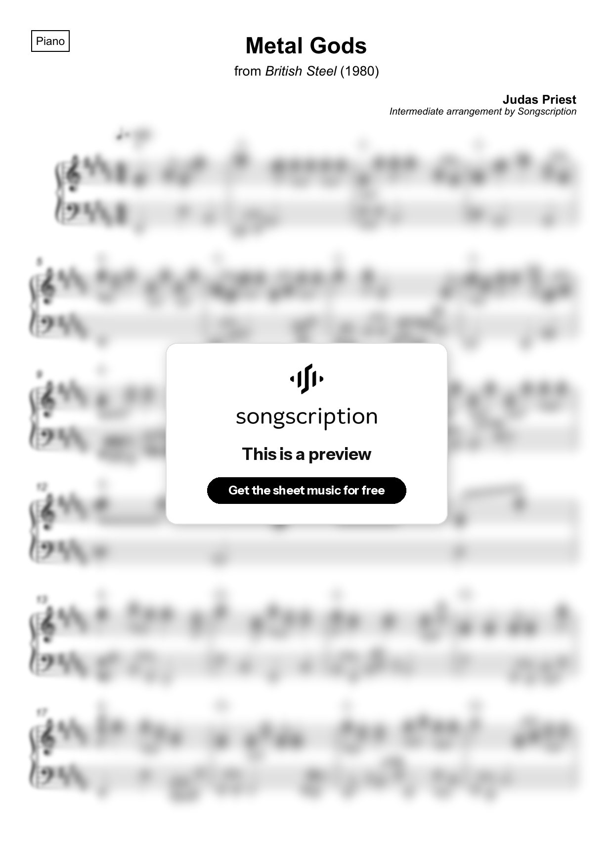 Intermediate Piano Sheet Music for "Metal Gods" by Judas Priest