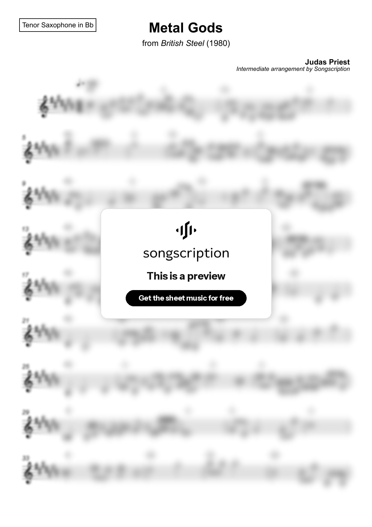 Intermediate Tenor Sax Sheet Music for "Metal Gods" by Judas Priest