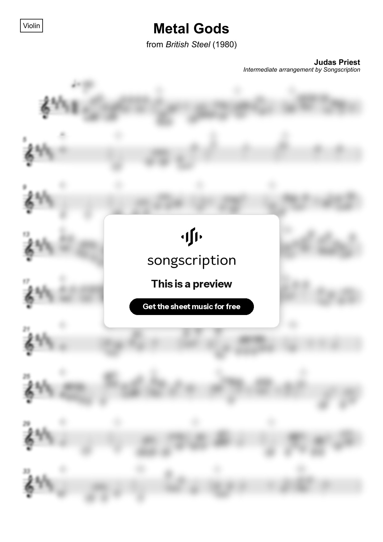 Intermediate Violin Sheet Music for "Metal Gods" by Judas Priest
