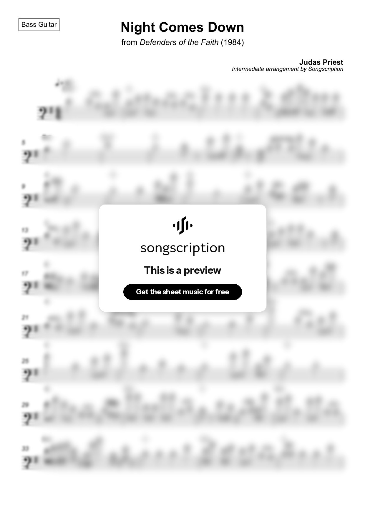 Intermediate Bass Guitar Sheet Music for "Night Comes Down" by Judas Priest