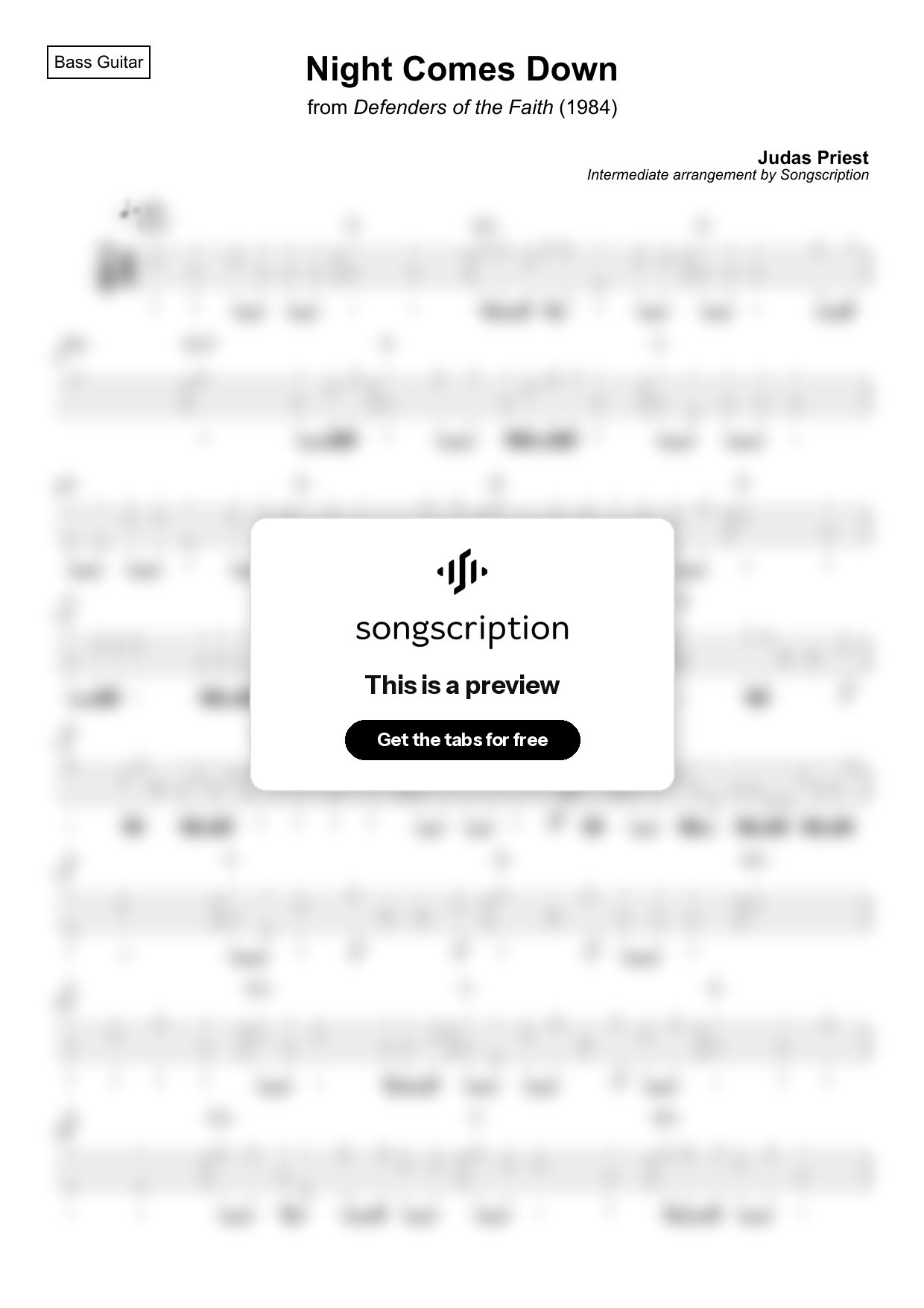 Intermediate Bass Guitar Tabs for "Night Comes Down" by Judas Priest