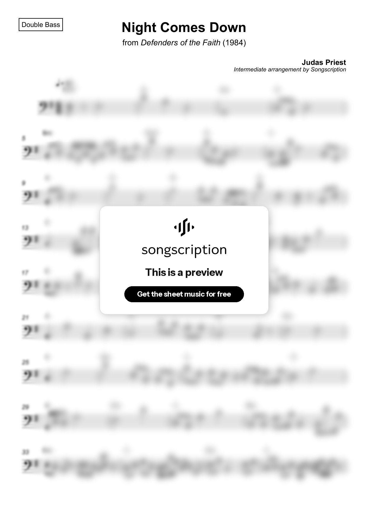 Intermediate Double Bass Sheet Music for "Night Comes Down" by Judas Priest