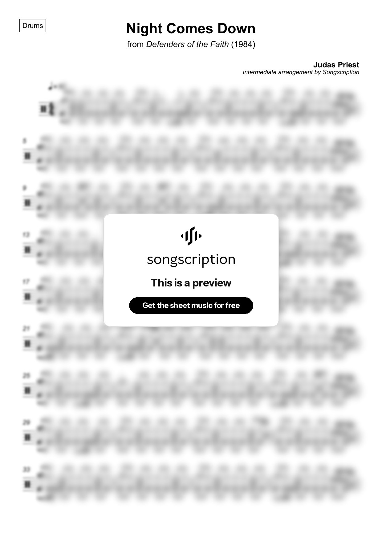 Intermediate Drums Sheet Music for "Night Comes Down" by Judas Priest