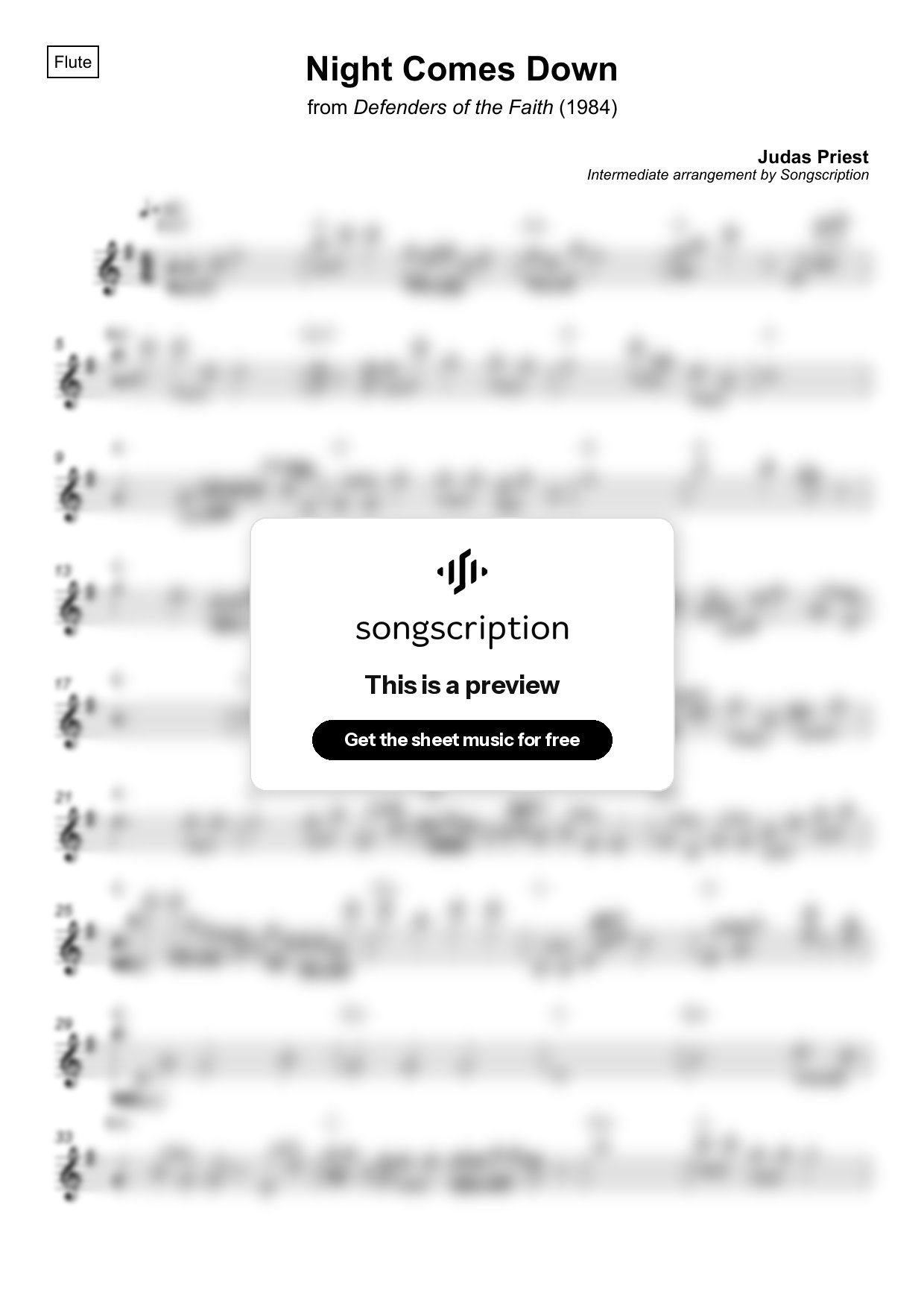 Intermediate Flute Sheet Music for "Night Comes Down" by Judas Priest