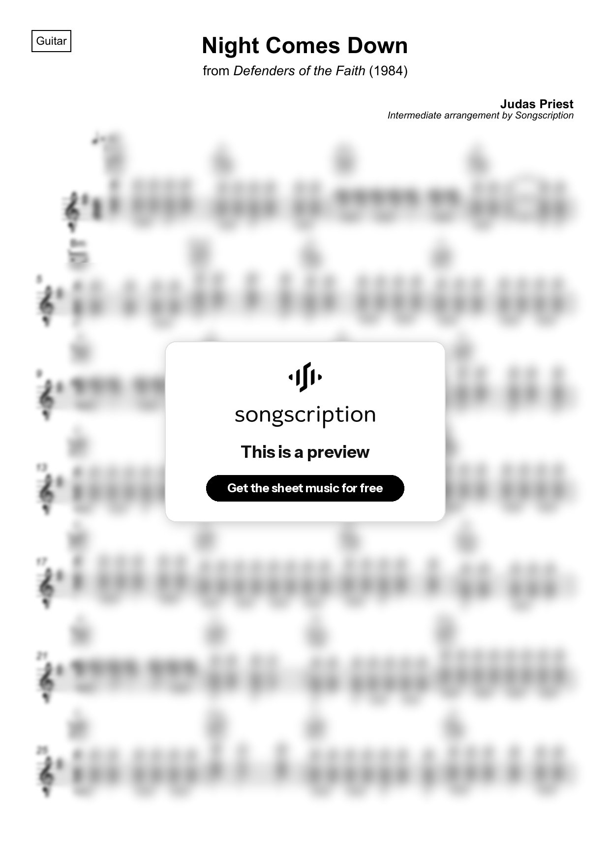 Intermediate Acoustic Guitar Sheet Music for "Night Comes Down" by Judas Priest