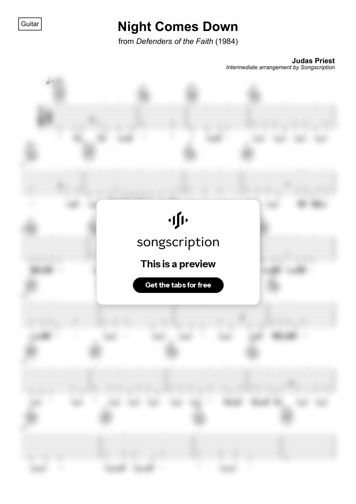 Intermediate Acoustic Guitar Tabs for "Night Comes Down" by Judas Priest