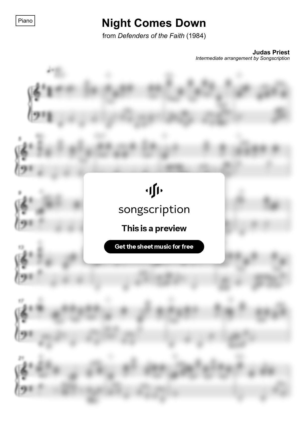 Intermediate Piano Sheet Music for "Night Comes Down" by Judas Priest