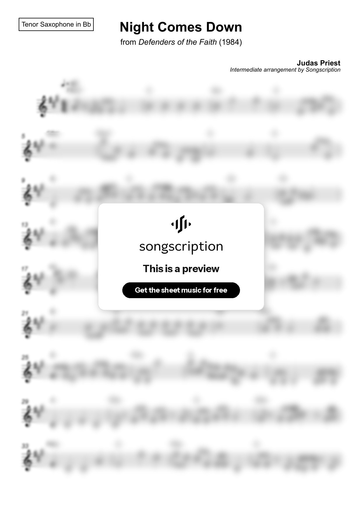 Intermediate Tenor Sax Sheet Music for "Night Comes Down" by Judas Priest