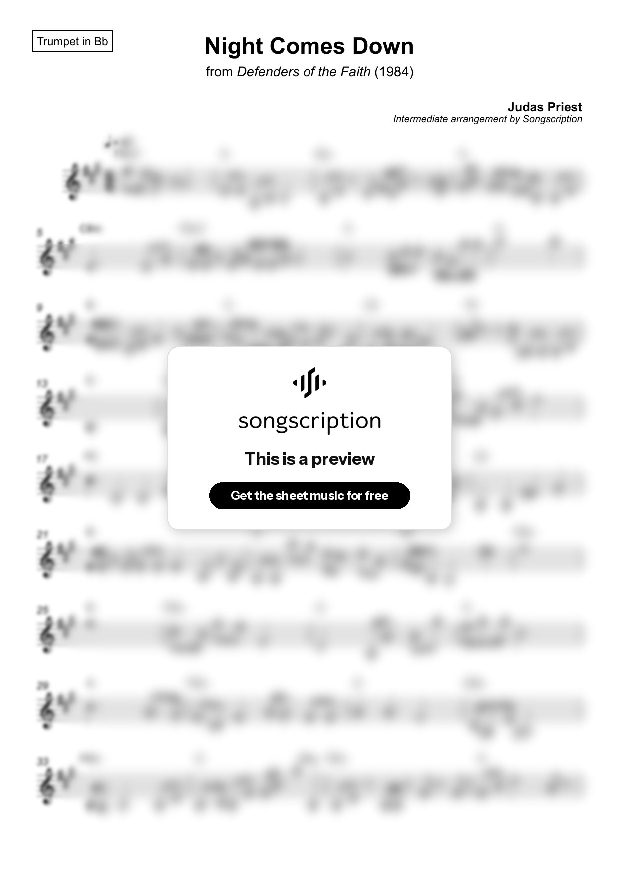 Intermediate Trumpet Sheet Music for "Night Comes Down" by Judas Priest