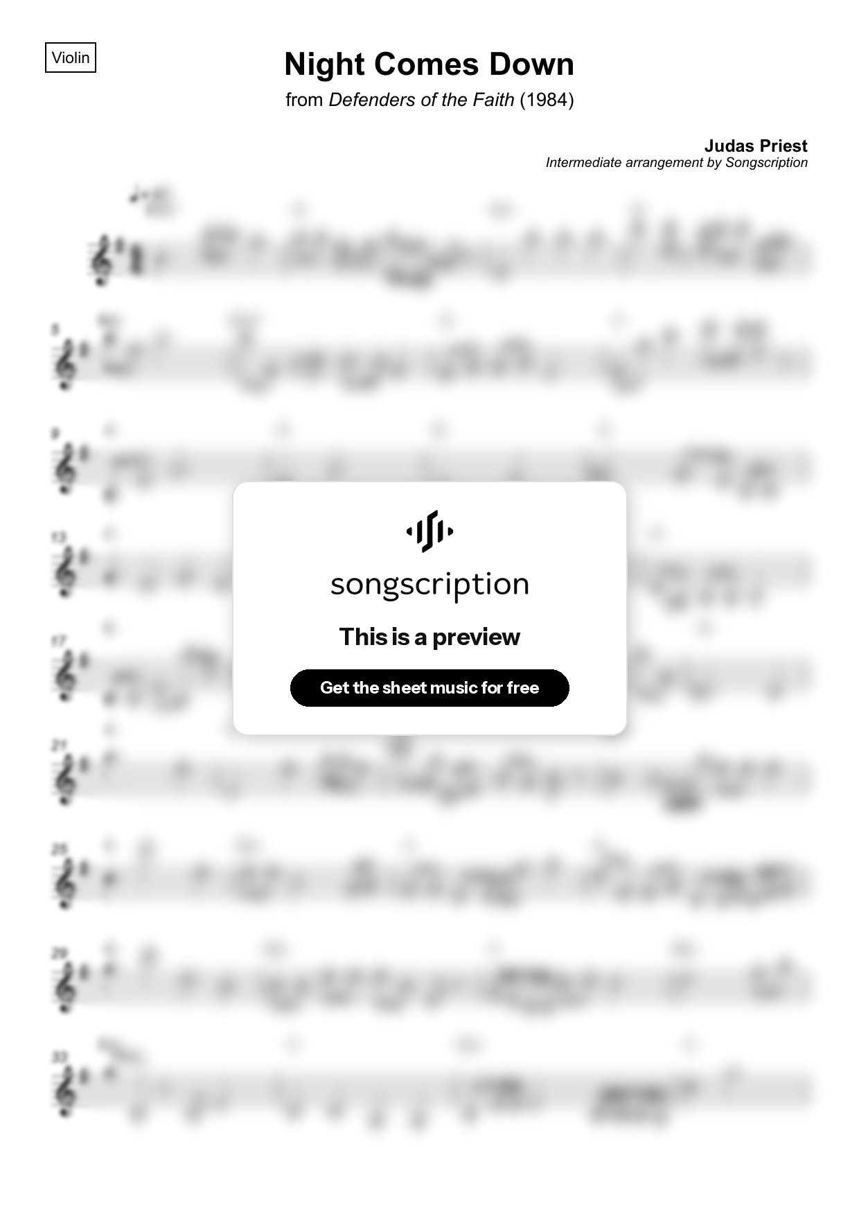 Intermediate Violin Sheet Music for "Night Comes Down" by Judas Priest
