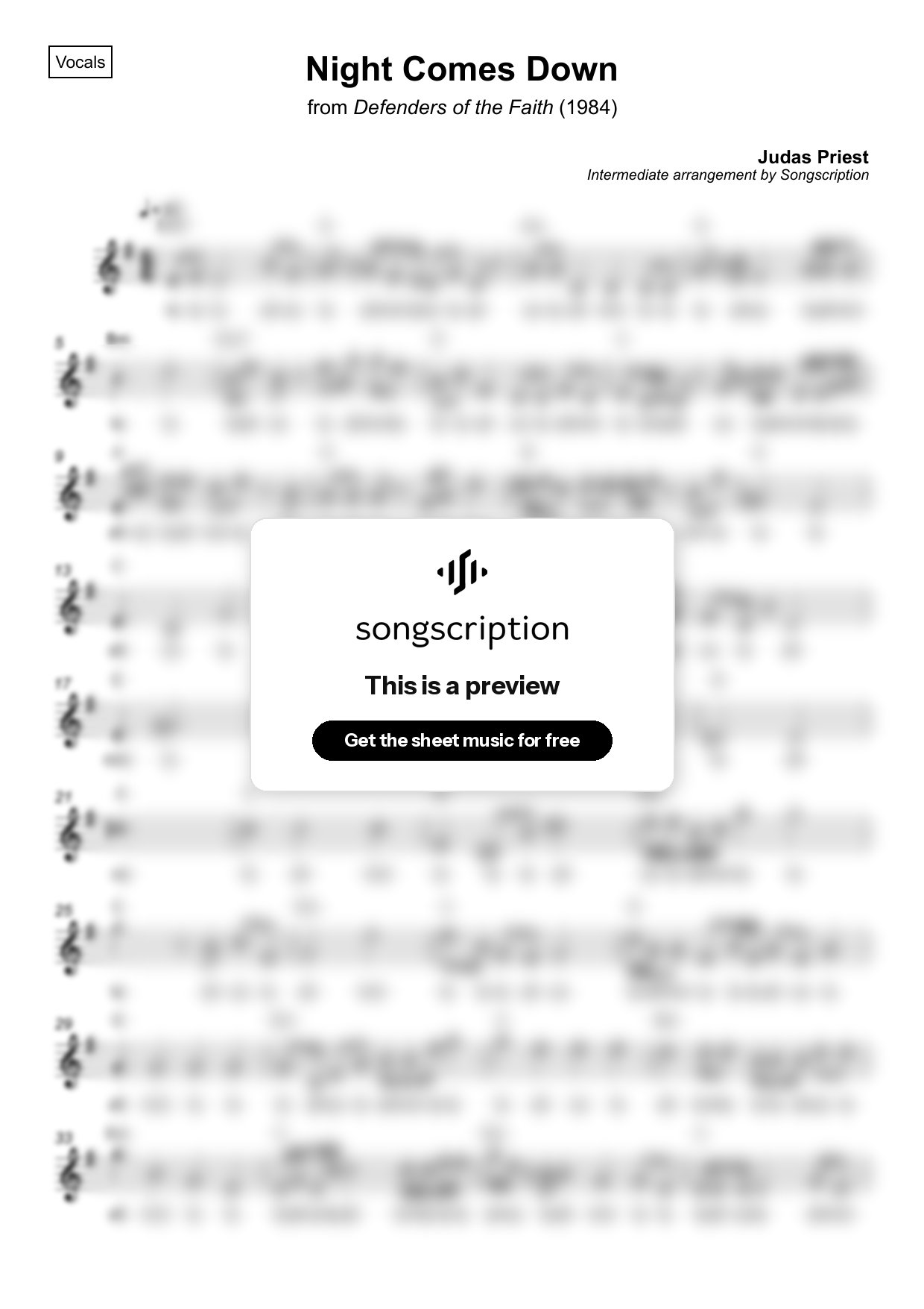 Intermediate Vocals Sheet Music for "Night Comes Down" by Judas Priest