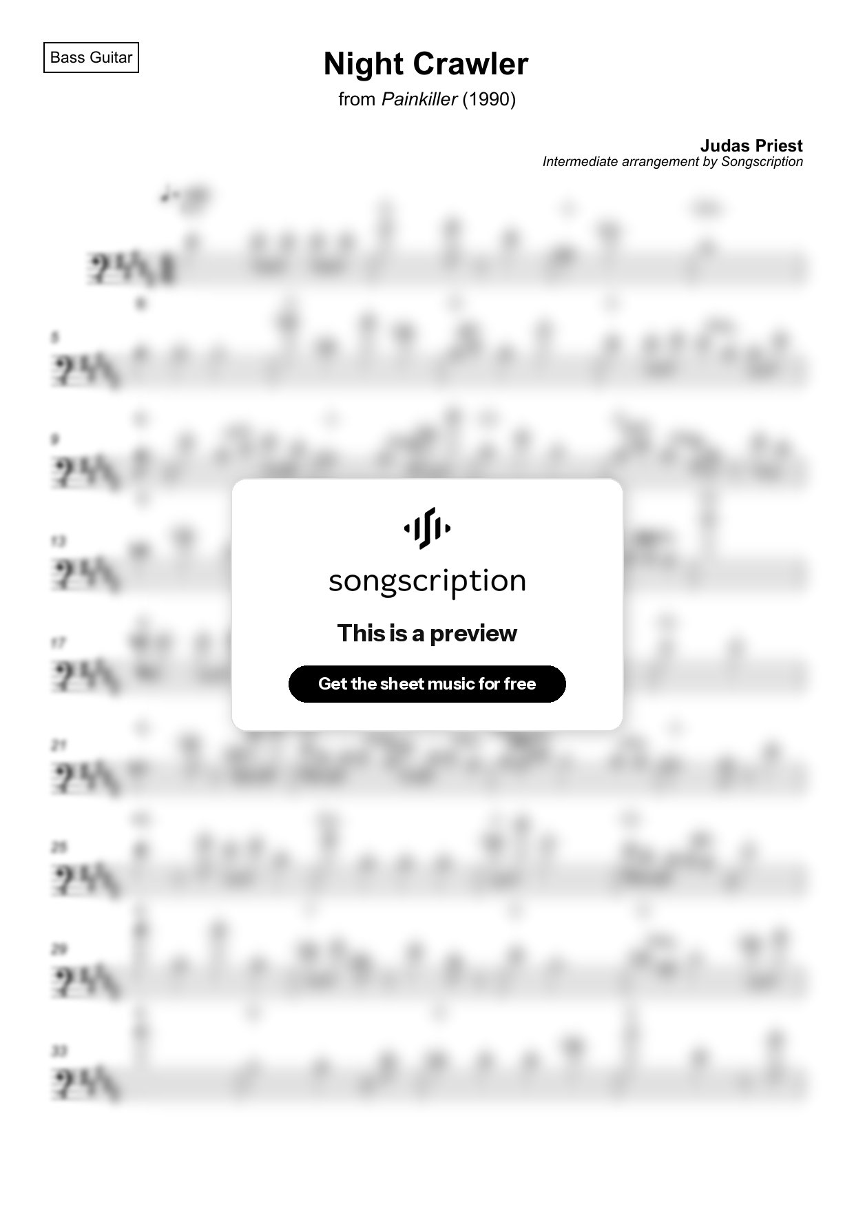 Intermediate Bass Guitar Sheet Music for "Night Crawler" by Judas Priest