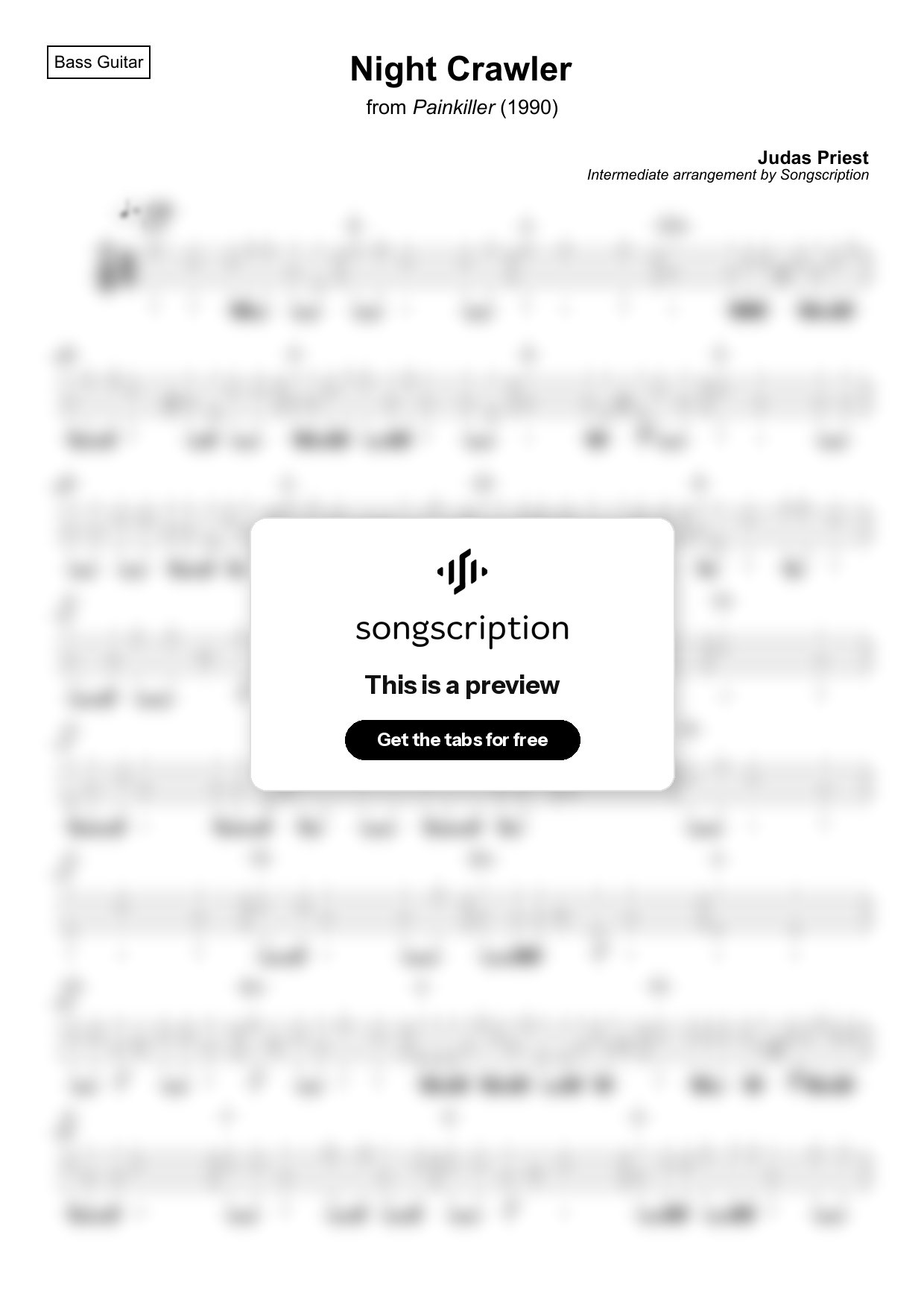 Intermediate Bass Guitar Tabs for "Night Crawler" by Judas Priest