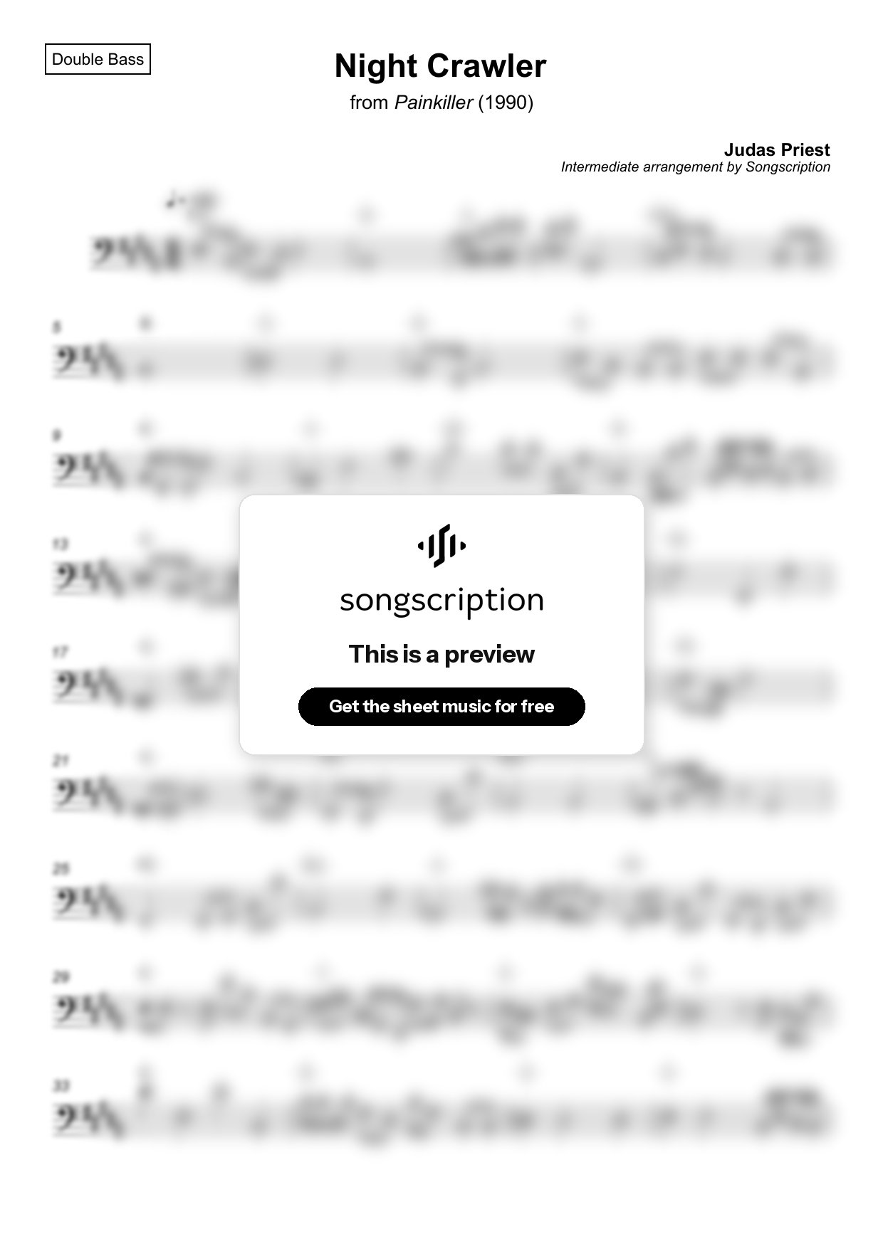 Intermediate Double Bass Sheet Music for "Night Crawler" by Judas Priest