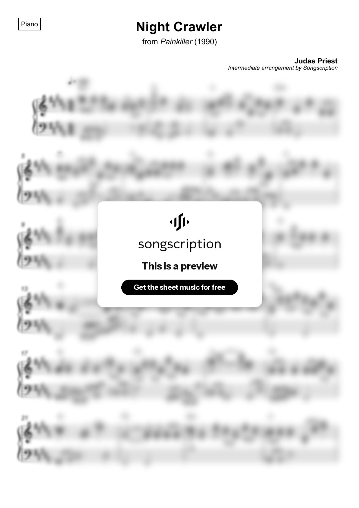 Intermediate Piano Sheet Music for "Night Crawler" by Judas Priest