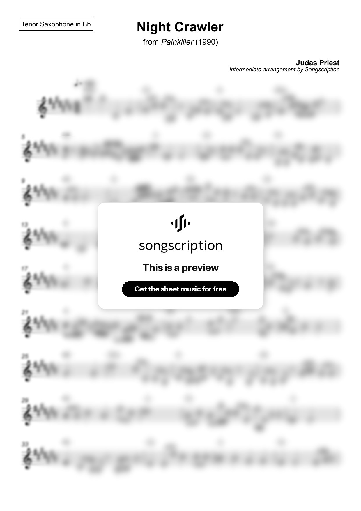Intermediate Tenor Sax Sheet Music for "Night Crawler" by Judas Priest
