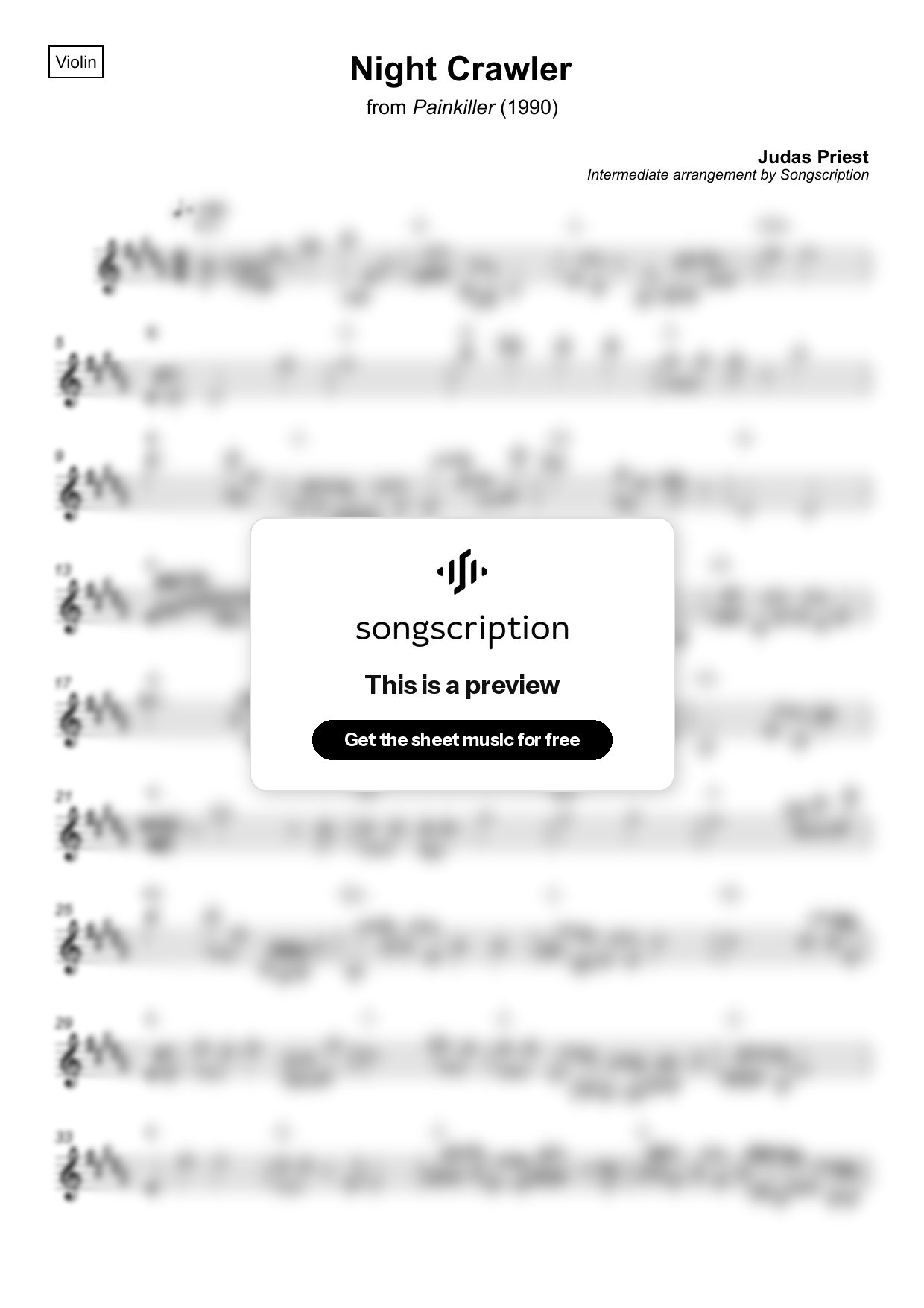 Intermediate Violin Sheet Music for "Night Crawler" by Judas Priest