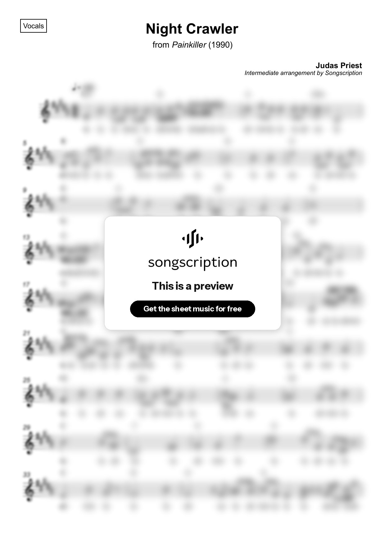 Intermediate Vocals Sheet Music for "Night Crawler" by Judas Priest