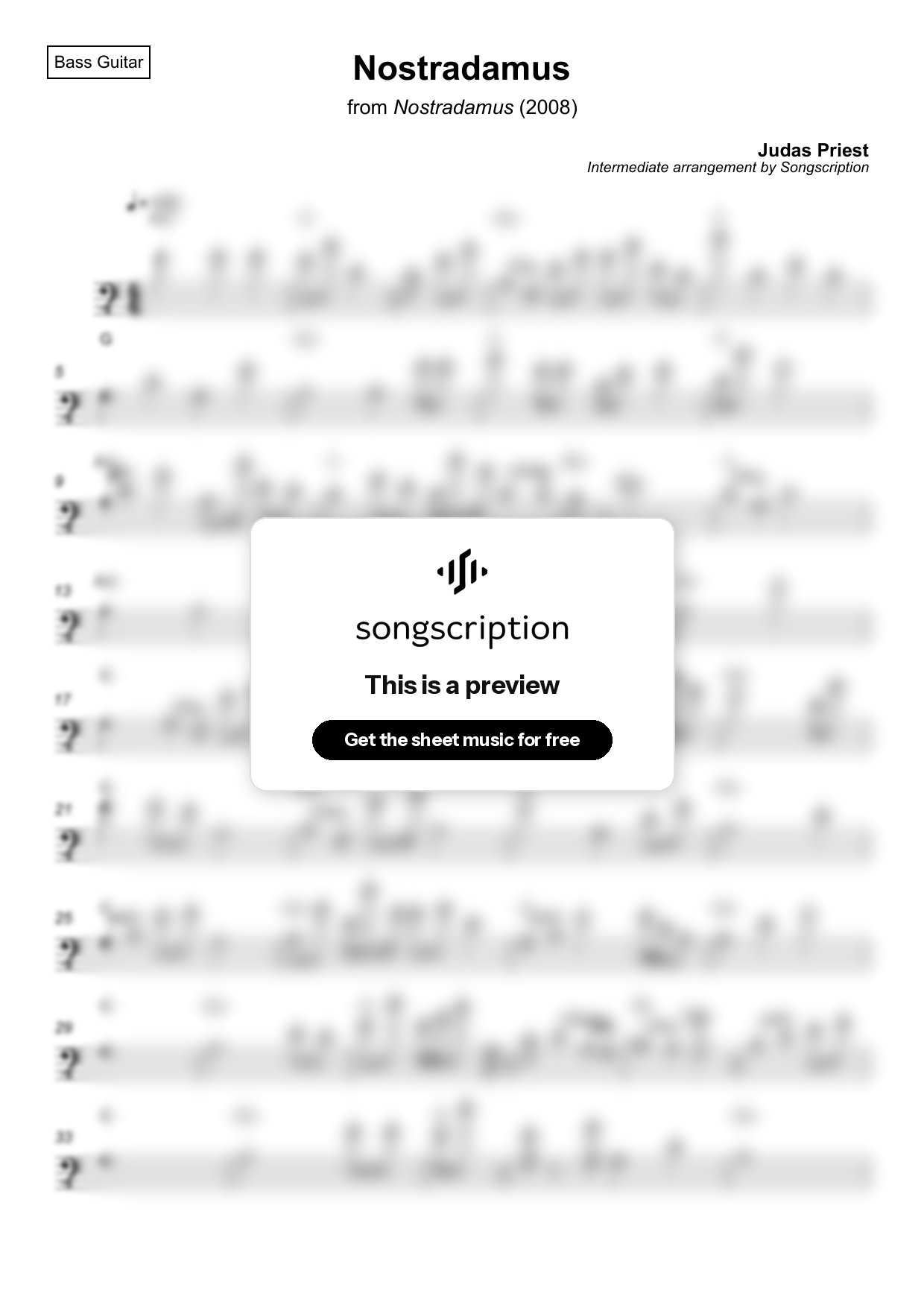 Intermediate Bass Guitar Sheet Music for "Nostradamus" by Judas Priest