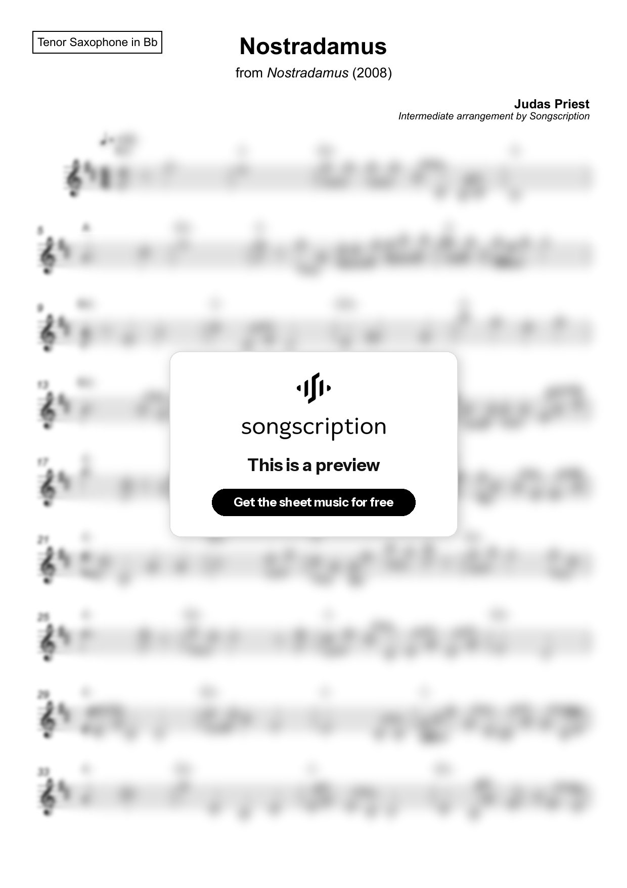 Intermediate Tenor Sax Sheet Music for "Nostradamus" by Judas Priest