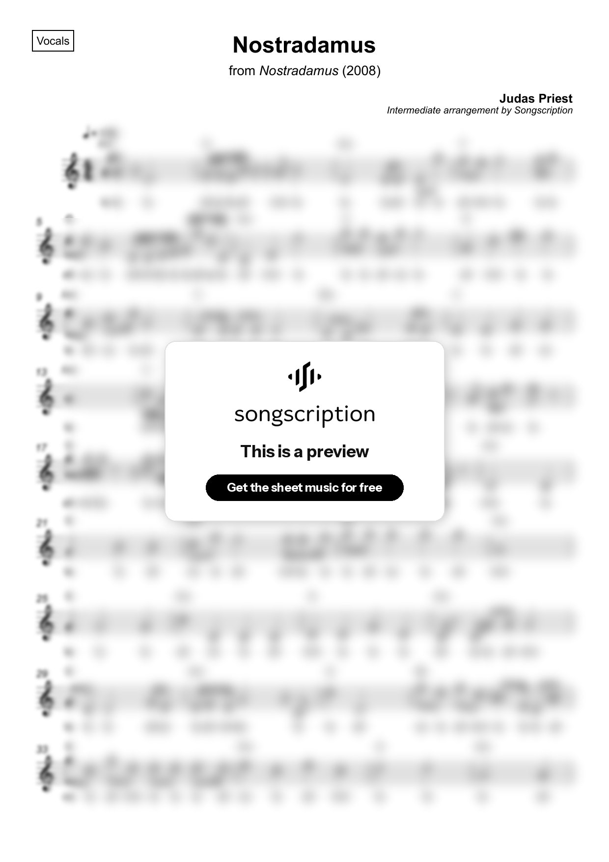 Intermediate Vocals Sheet Music for "Nostradamus" by Judas Priest