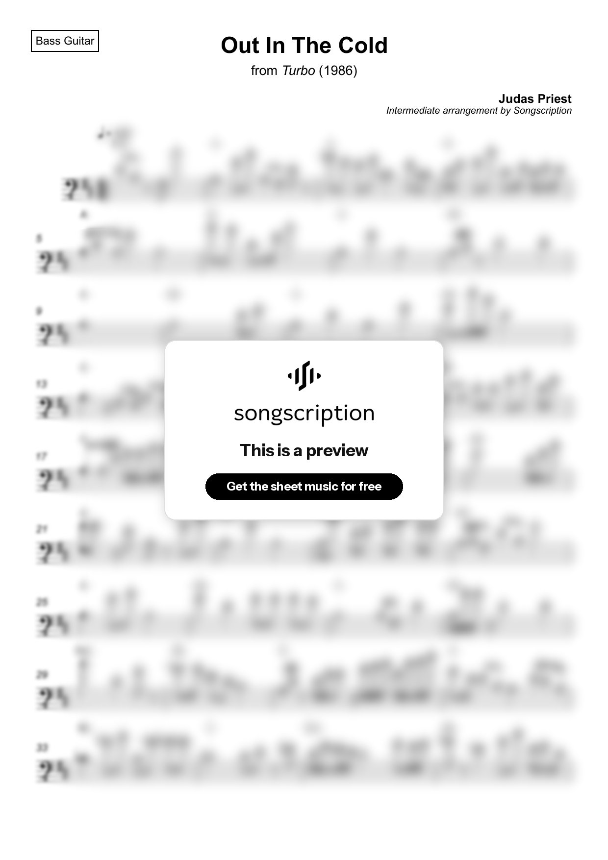 Intermediate Bass Guitar Sheet Music for "Out In The Cold" by Judas Priest