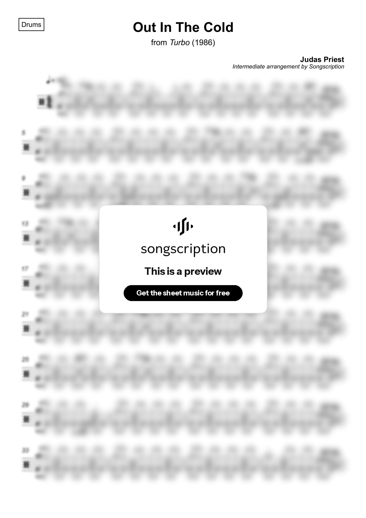 Intermediate Drums Sheet Music for "Out In The Cold" by Judas Priest