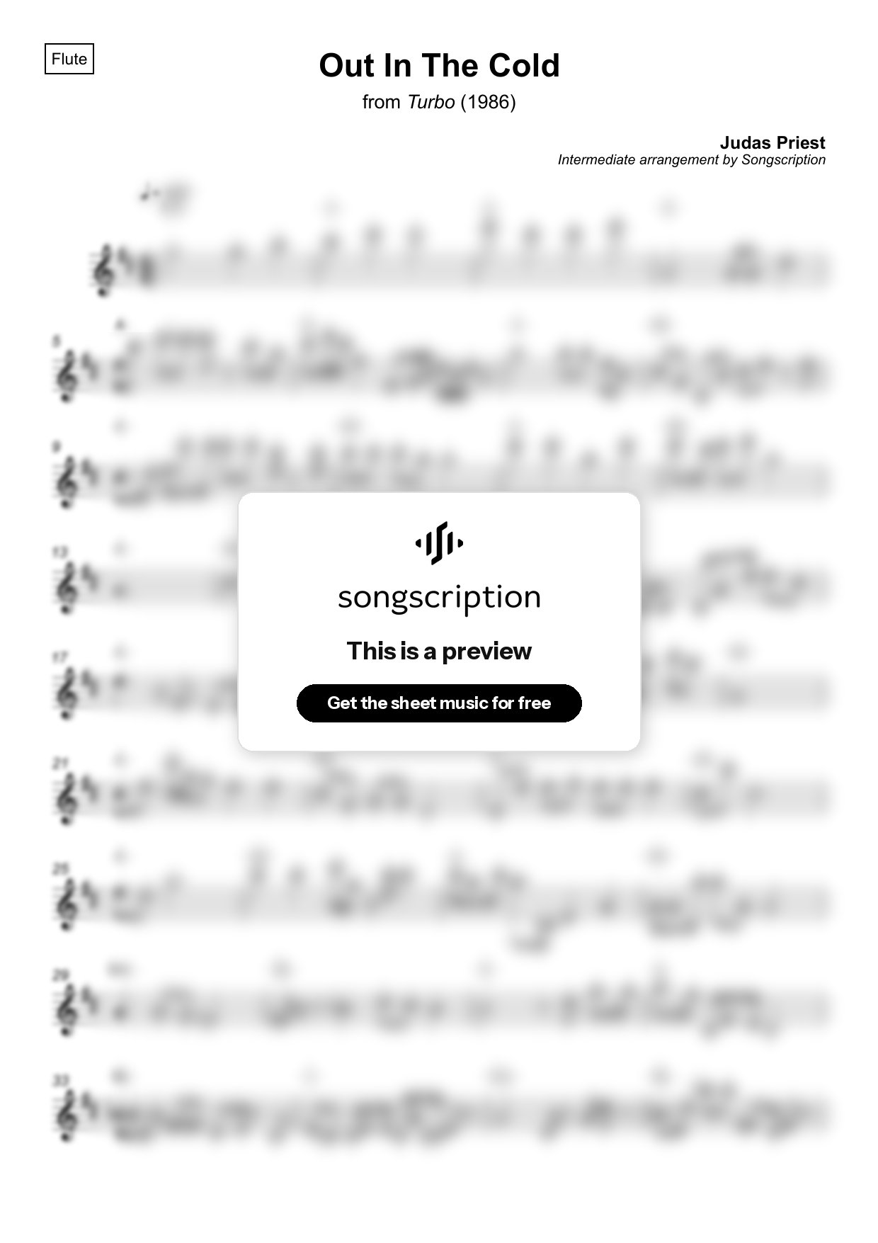 Intermediate Flute Sheet Music for "Out In The Cold" by Judas Priest