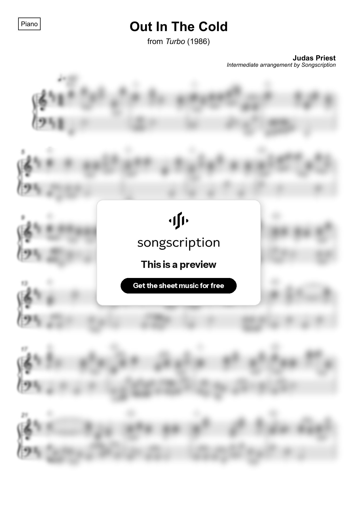 Intermediate Piano Sheet Music for "Out In The Cold" by Judas Priest