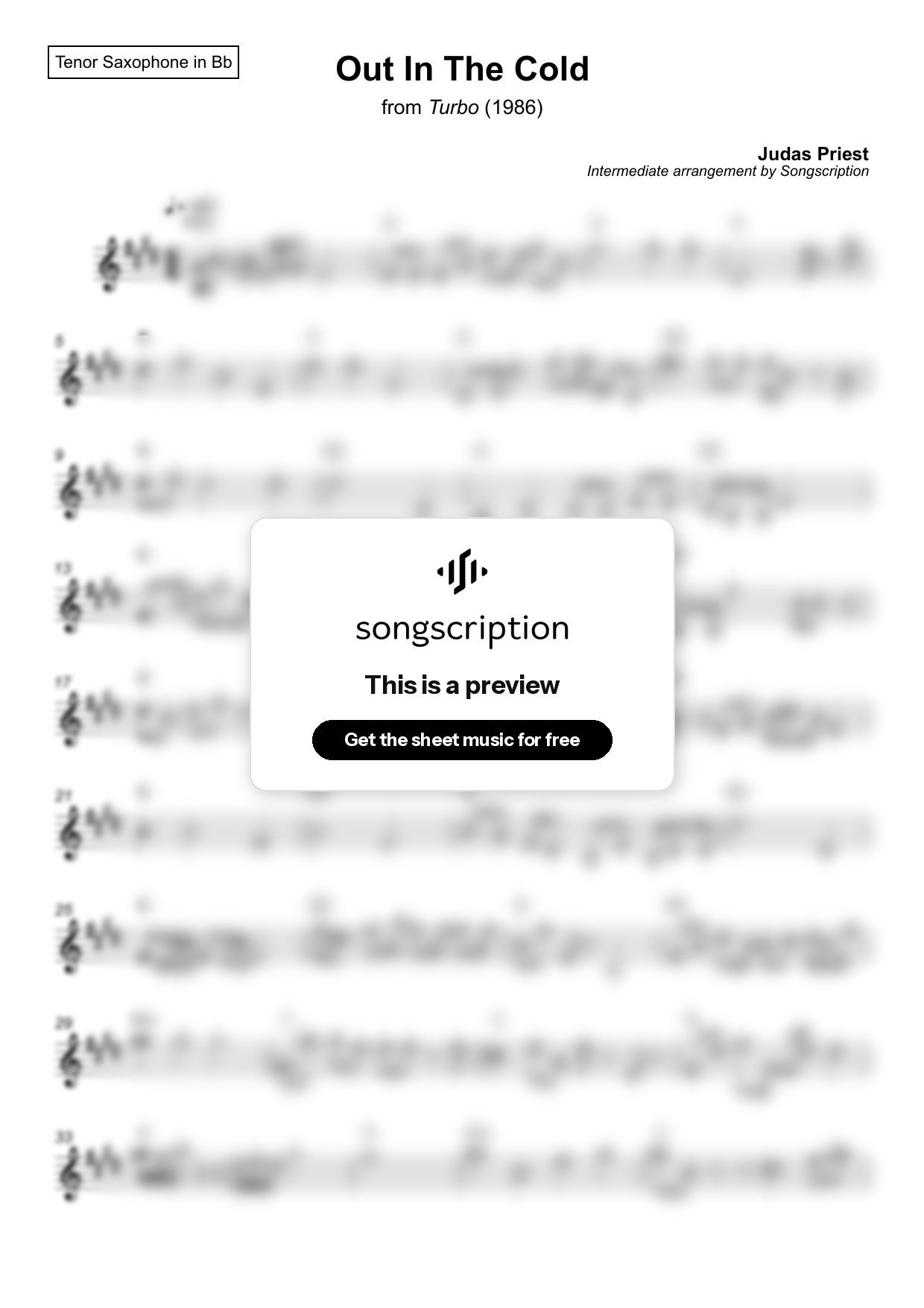 Intermediate Tenor Sax Sheet Music for "Out In The Cold" by Judas Priest