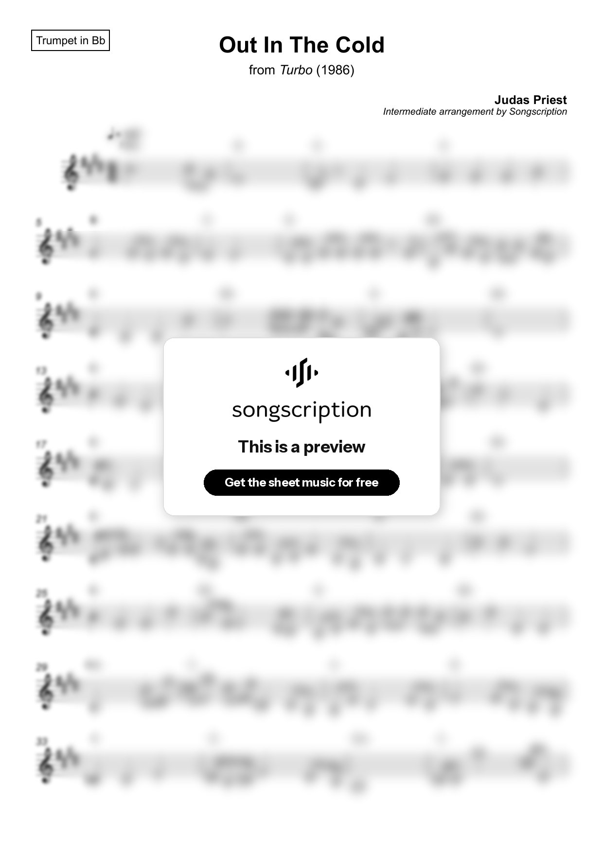 Intermediate Trumpet Sheet Music for "Out In The Cold" by Judas Priest