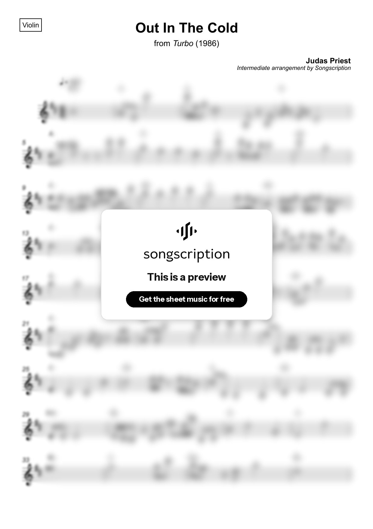 Intermediate Violin Sheet Music for "Out In The Cold" by Judas Priest