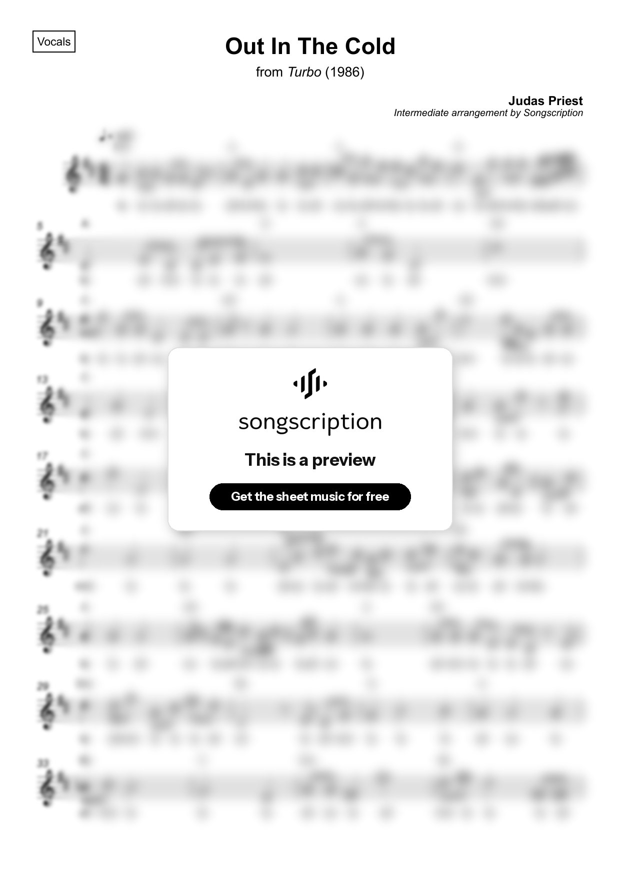 Intermediate Vocals Sheet Music for "Out In The Cold" by Judas Priest