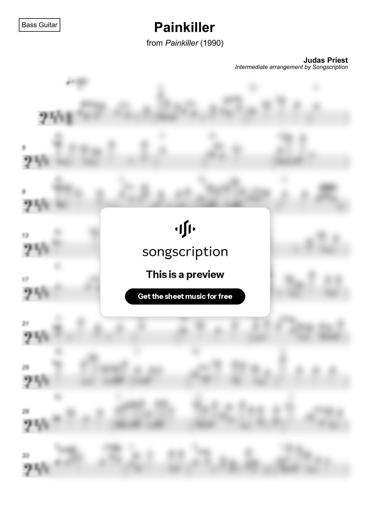 Intermediate Bass Guitar Sheet Music for "Painkiller" by Judas Priest