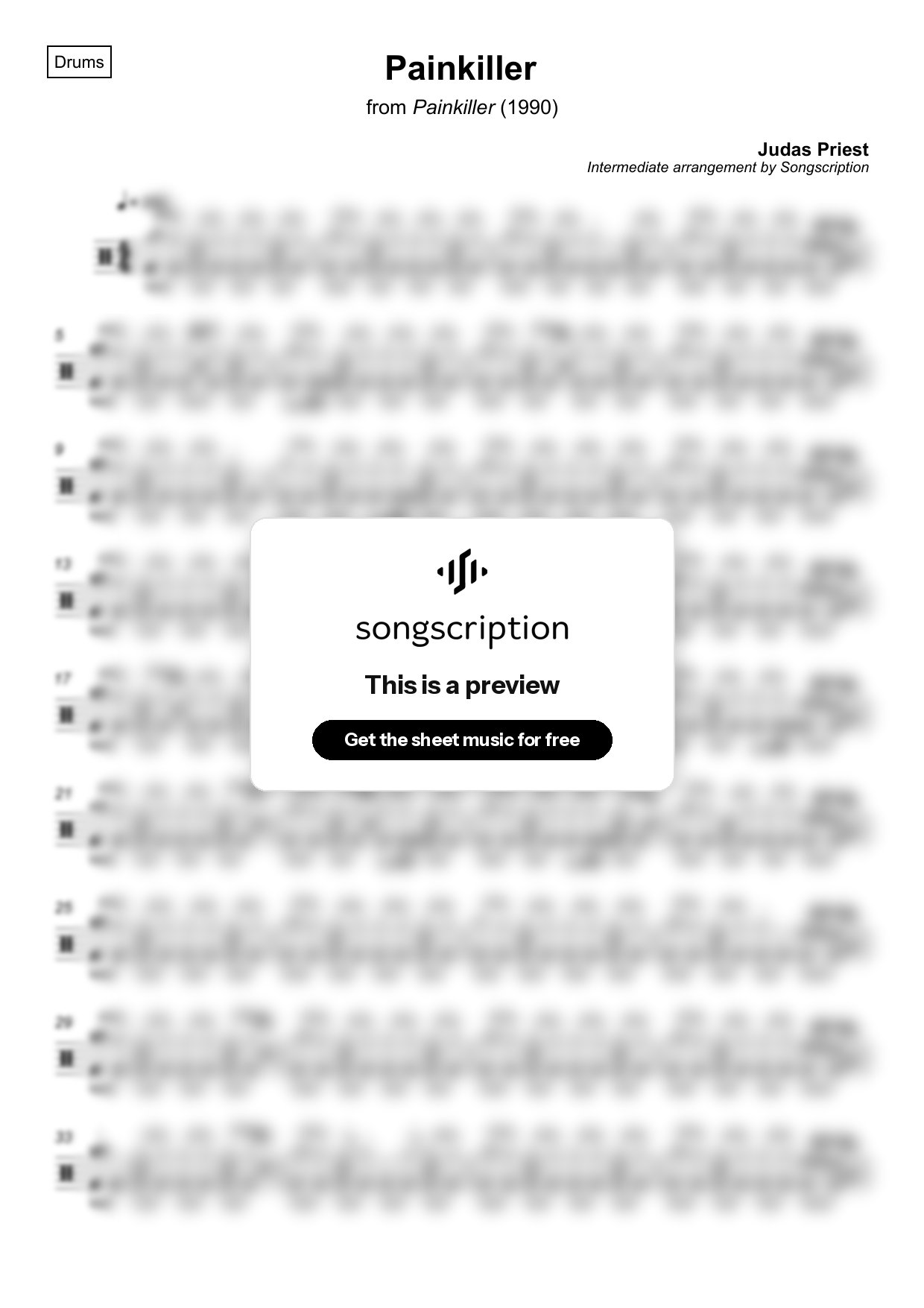 Intermediate Drums Sheet Music for "Painkiller" by Judas Priest