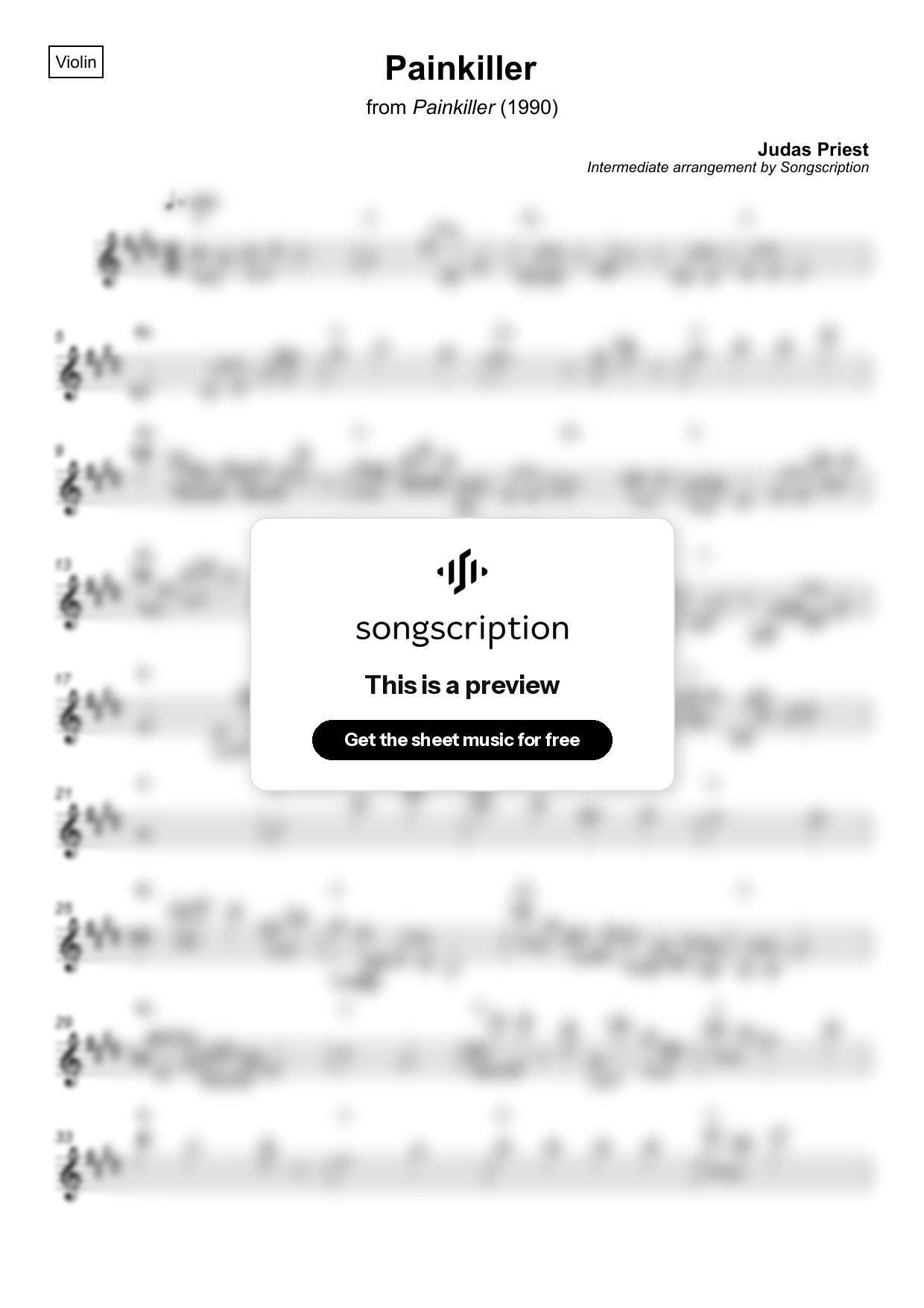 Intermediate Violin Sheet Music for "Painkiller" by Judas Priest