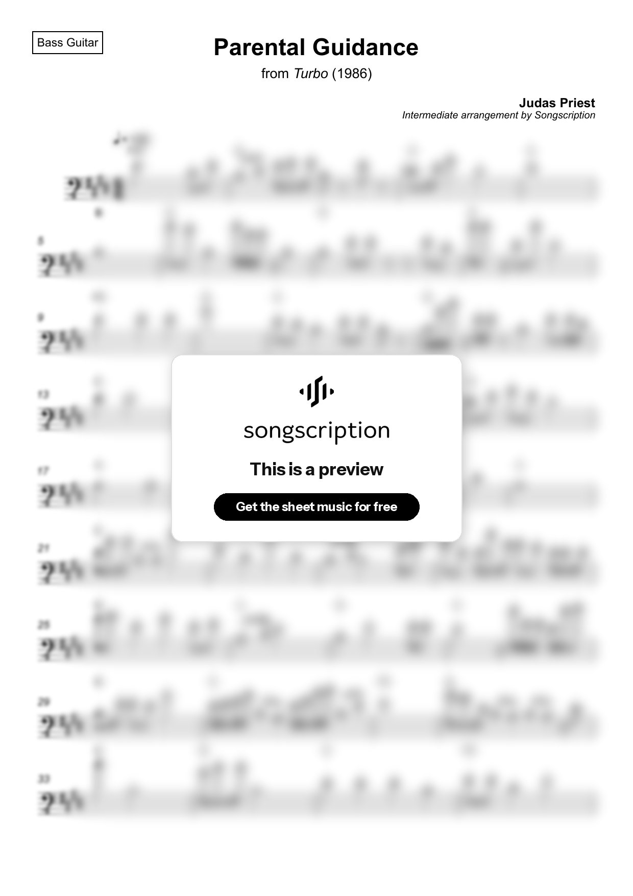 Intermediate Bass Guitar Sheet Music for "Parental Guidance" by Judas Priest