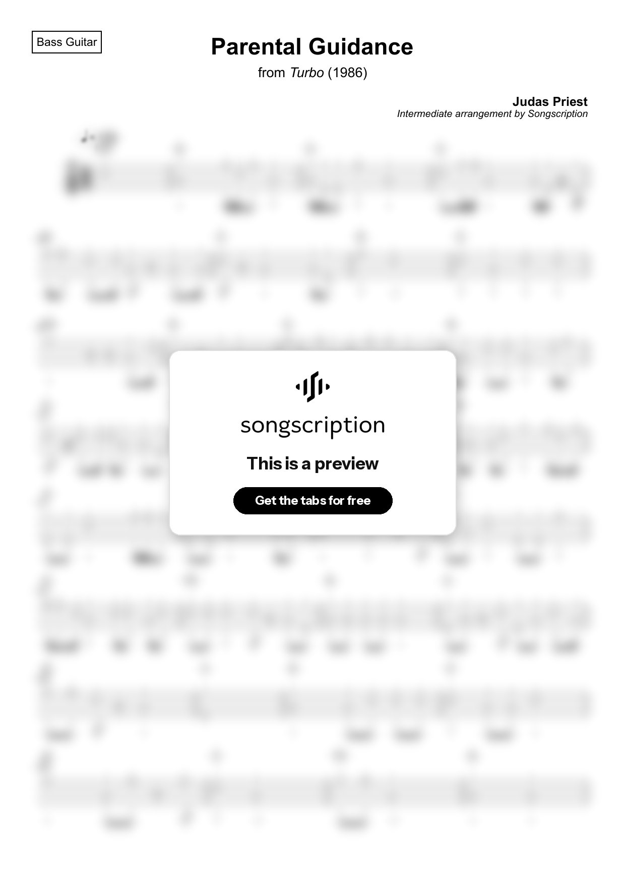 Intermediate Bass Guitar Tabs for "Parental Guidance" by Judas Priest