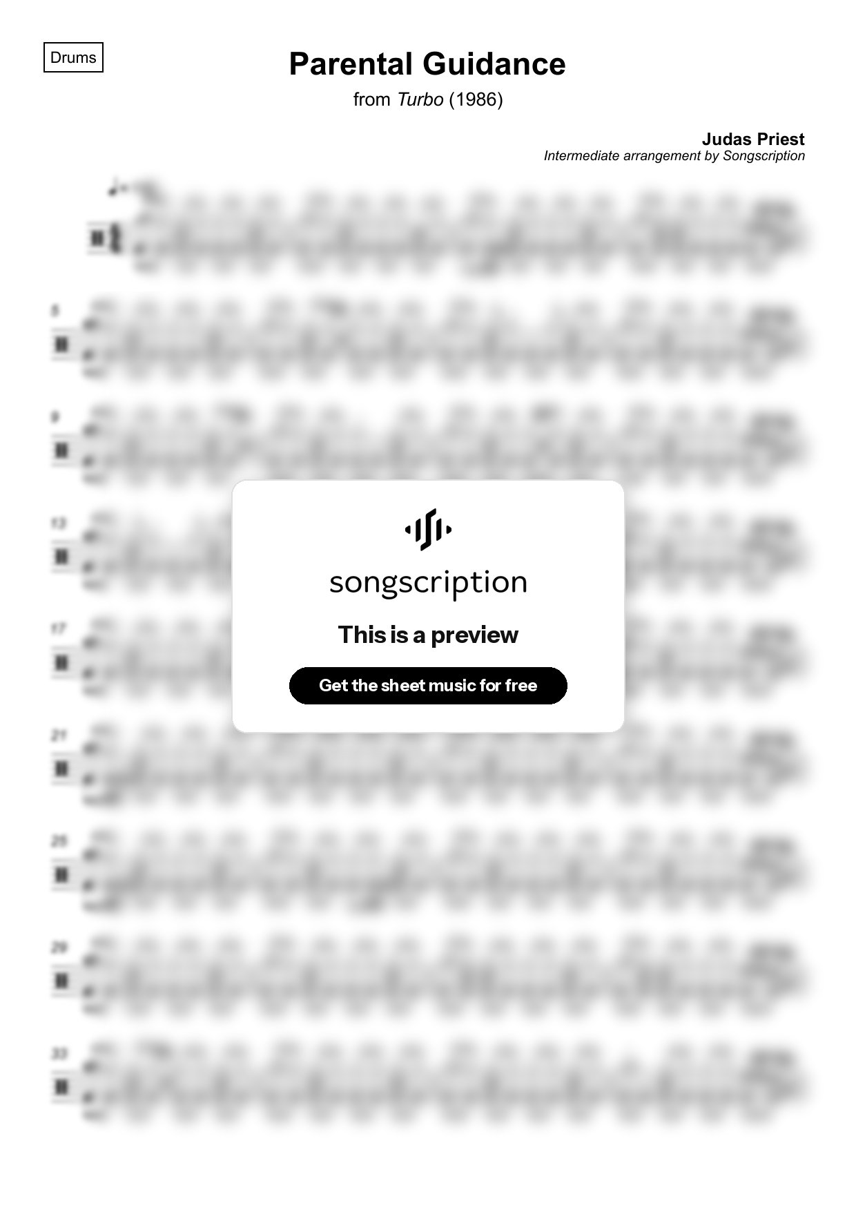 Intermediate Drums Sheet Music for "Parental Guidance" by Judas Priest