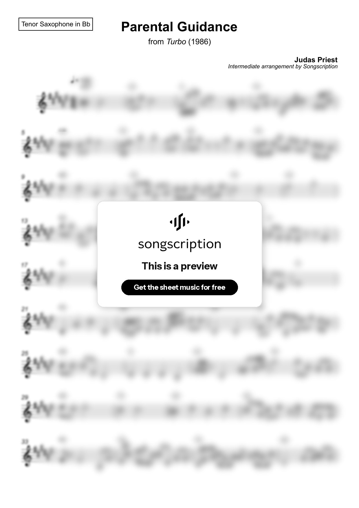 Intermediate Tenor Sax Sheet Music for "Parental Guidance" by Judas Priest