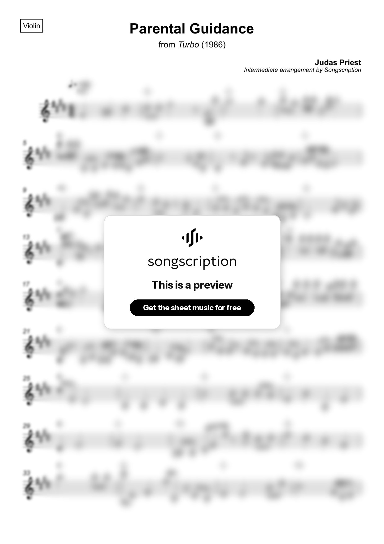 Intermediate Violin Sheet Music for "Parental Guidance" by Judas Priest
