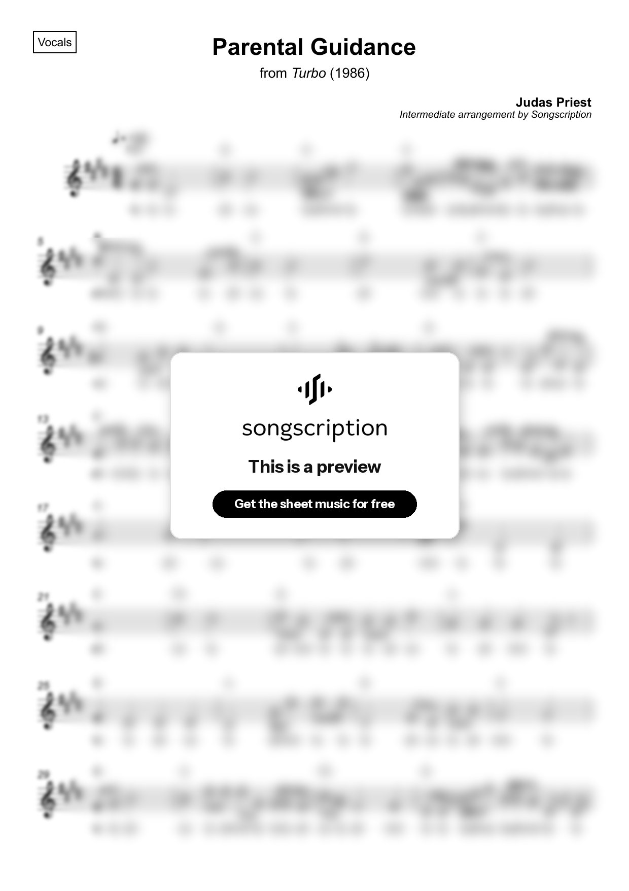 Intermediate Vocals Sheet Music for "Parental Guidance" by Judas Priest