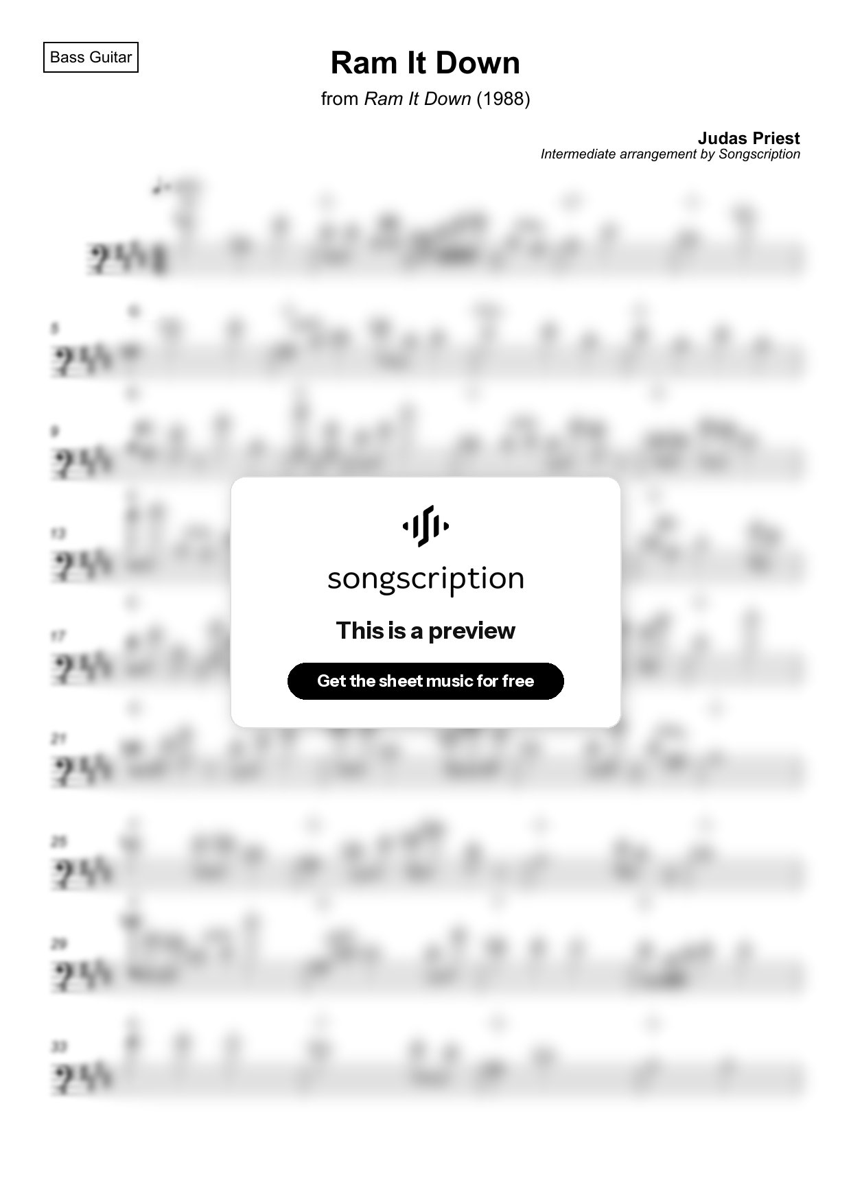 Intermediate Bass Guitar Sheet Music for "Ram It Down" by Judas Priest
