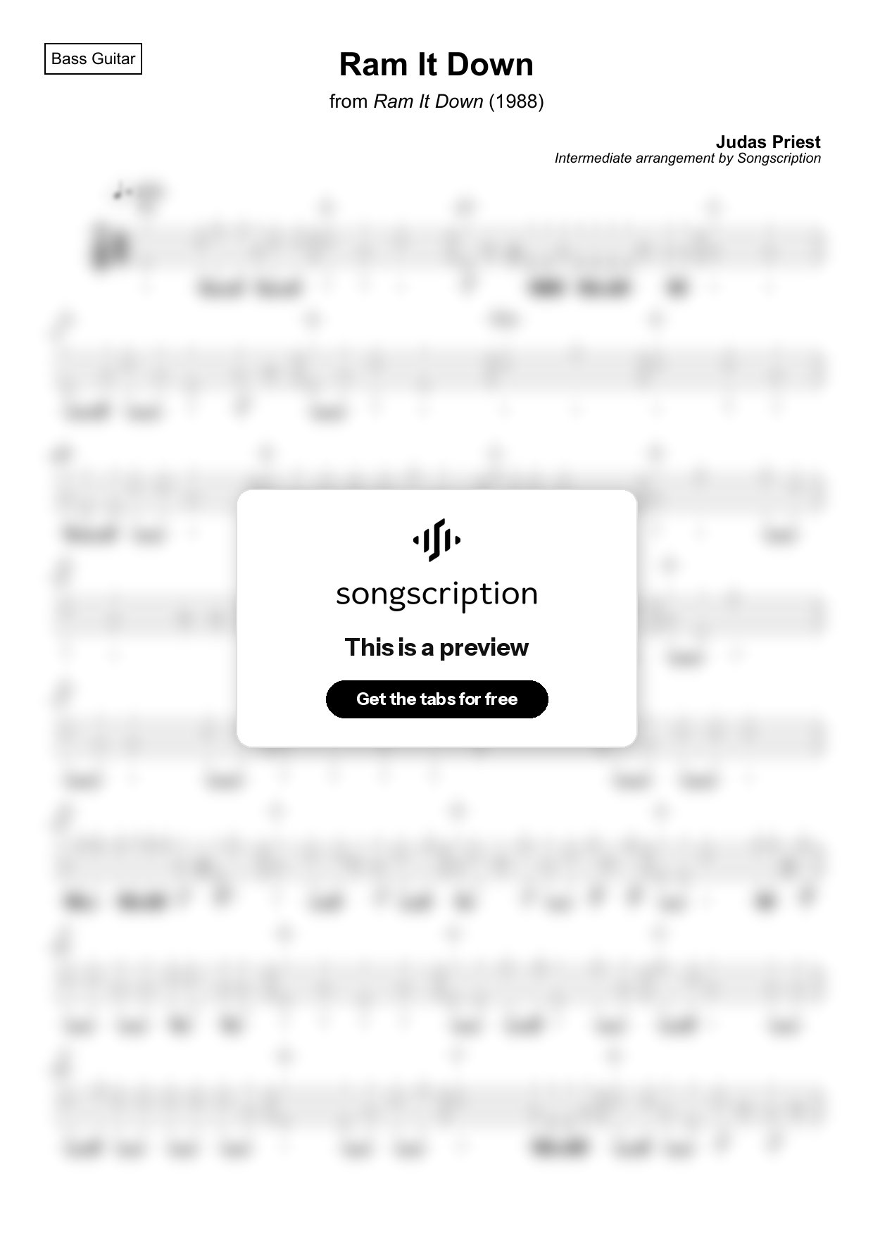 Intermediate Bass Guitar Tabs for "Ram It Down" by Judas Priest
